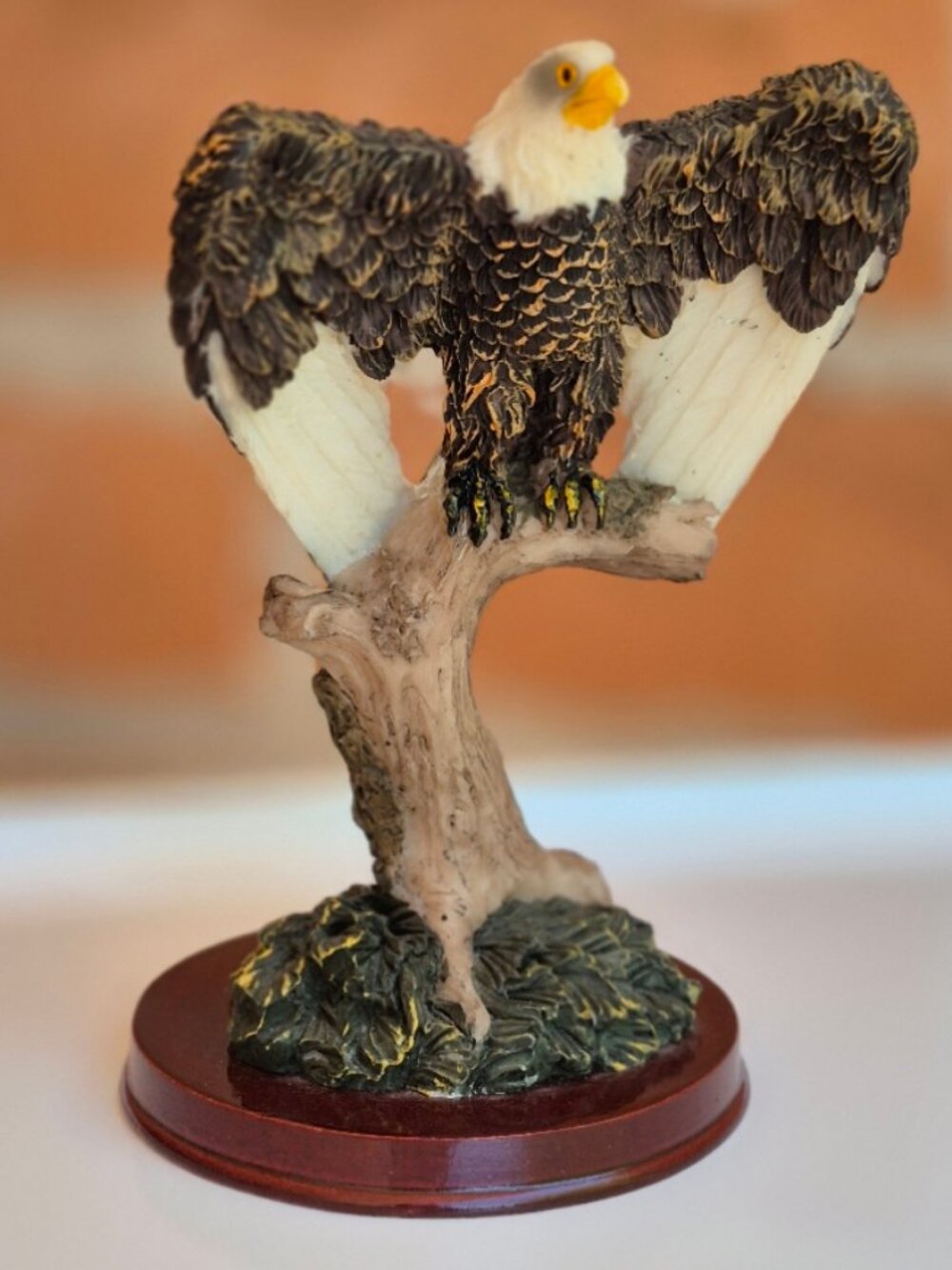 Vintage Sabre Resin Bald Eagle Wings Spread Pose on a Tree Stump Figurine